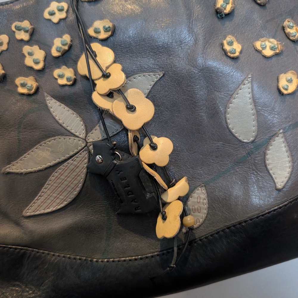 Radley Floral Appliqué Leather Hand Bag - Black Grey with Yellow Accents - Picture 3 of 11